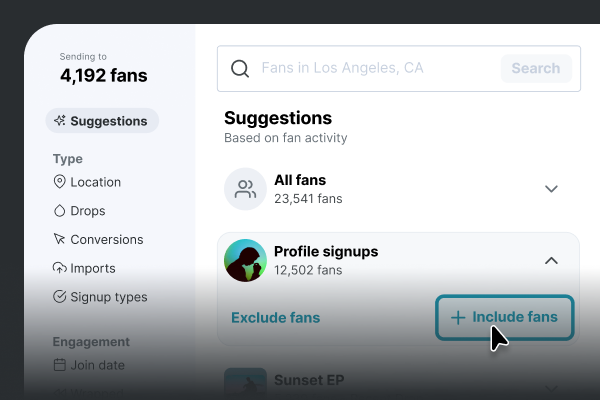 a preview of the Audience Selector modal where users can select segments and groups of fans